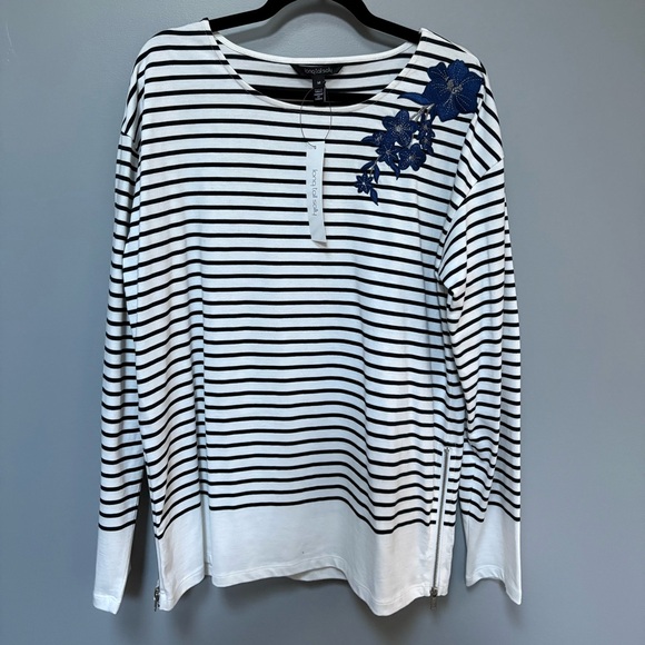 Long Tall Sally Tops - Long Tall Sally | NWT Women's White Black Stripe Top Blue Floral Accent Size M